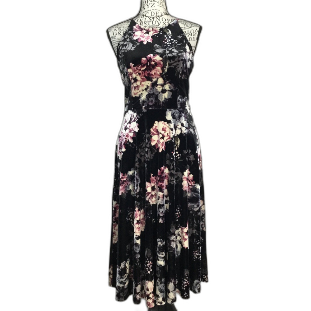 Black velvet floral dress spaghetti strap y2k prom graduation cocktails party S